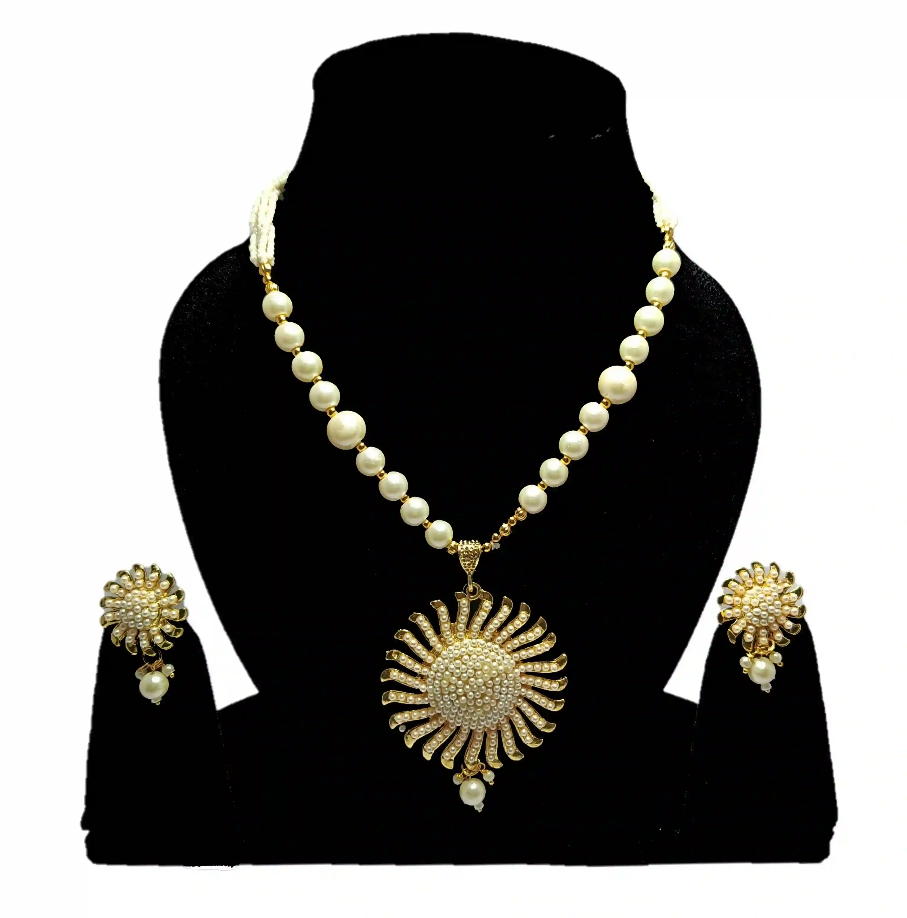 Elegant Pearl Sunburst Pendant Necklace Set 